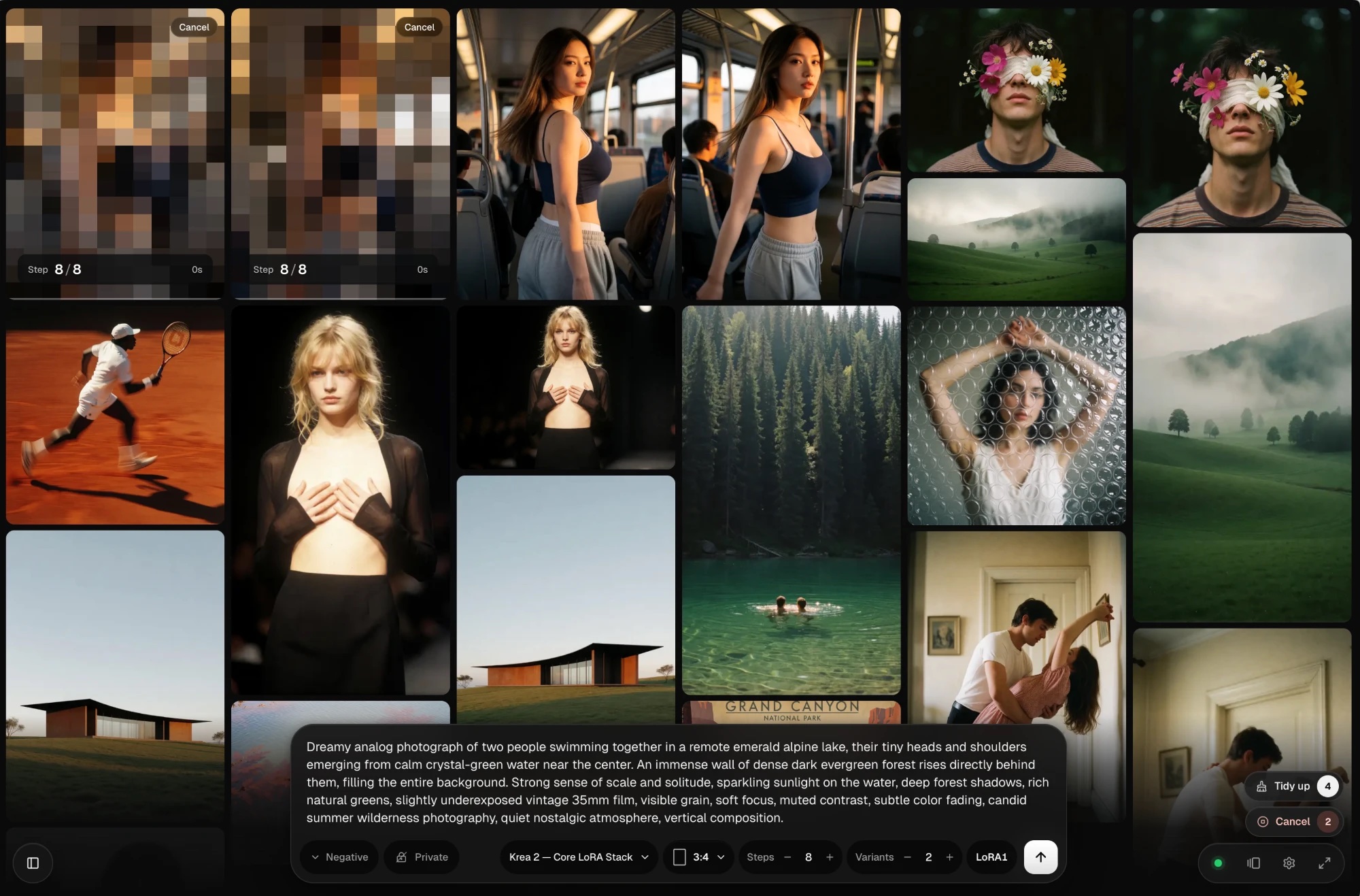 HEISS UI in use: a masonry gallery of analog-style photographs, two new images still resolving as pixel mosaics, and the prompt composer floating at the bottom with the model, aspect ratio, steps, variants and LoRA controls.